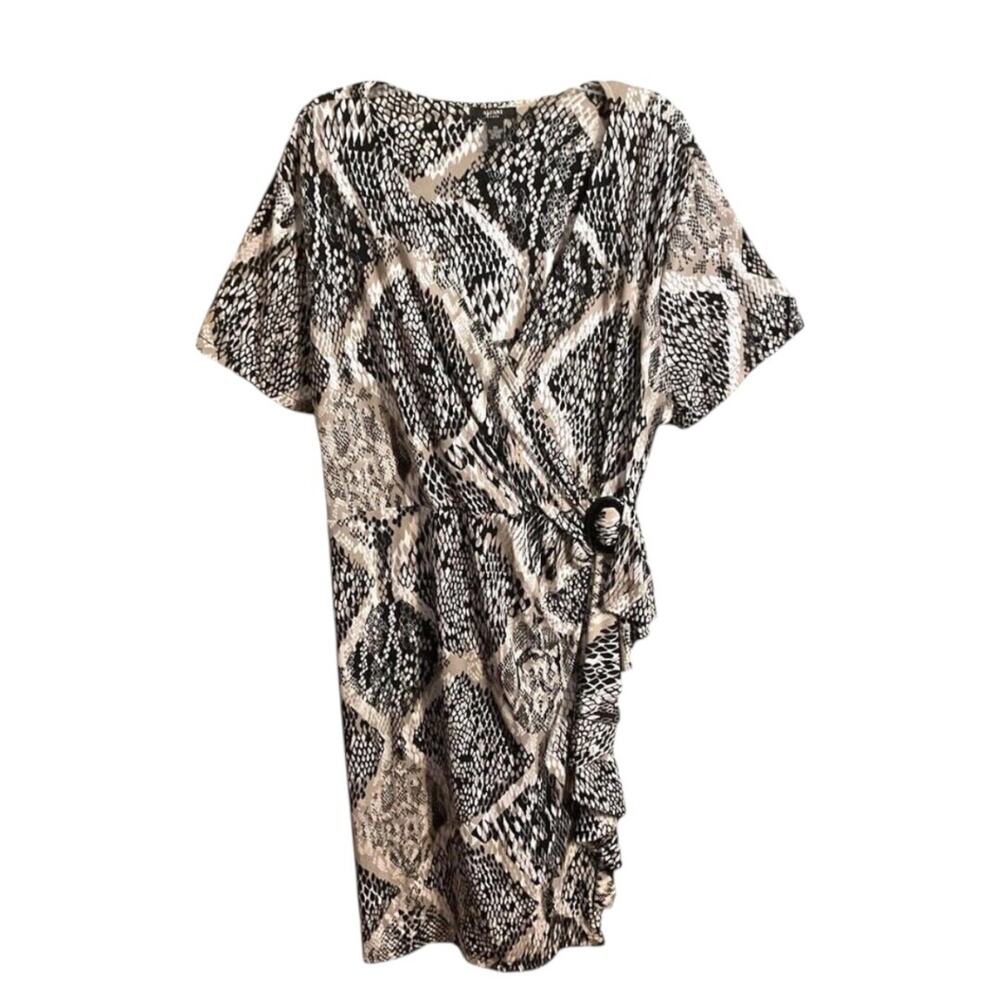 Alfani Dress Faux Wrap Black White Tan Print V Neck Stretch Trave Plus SZ 3X l